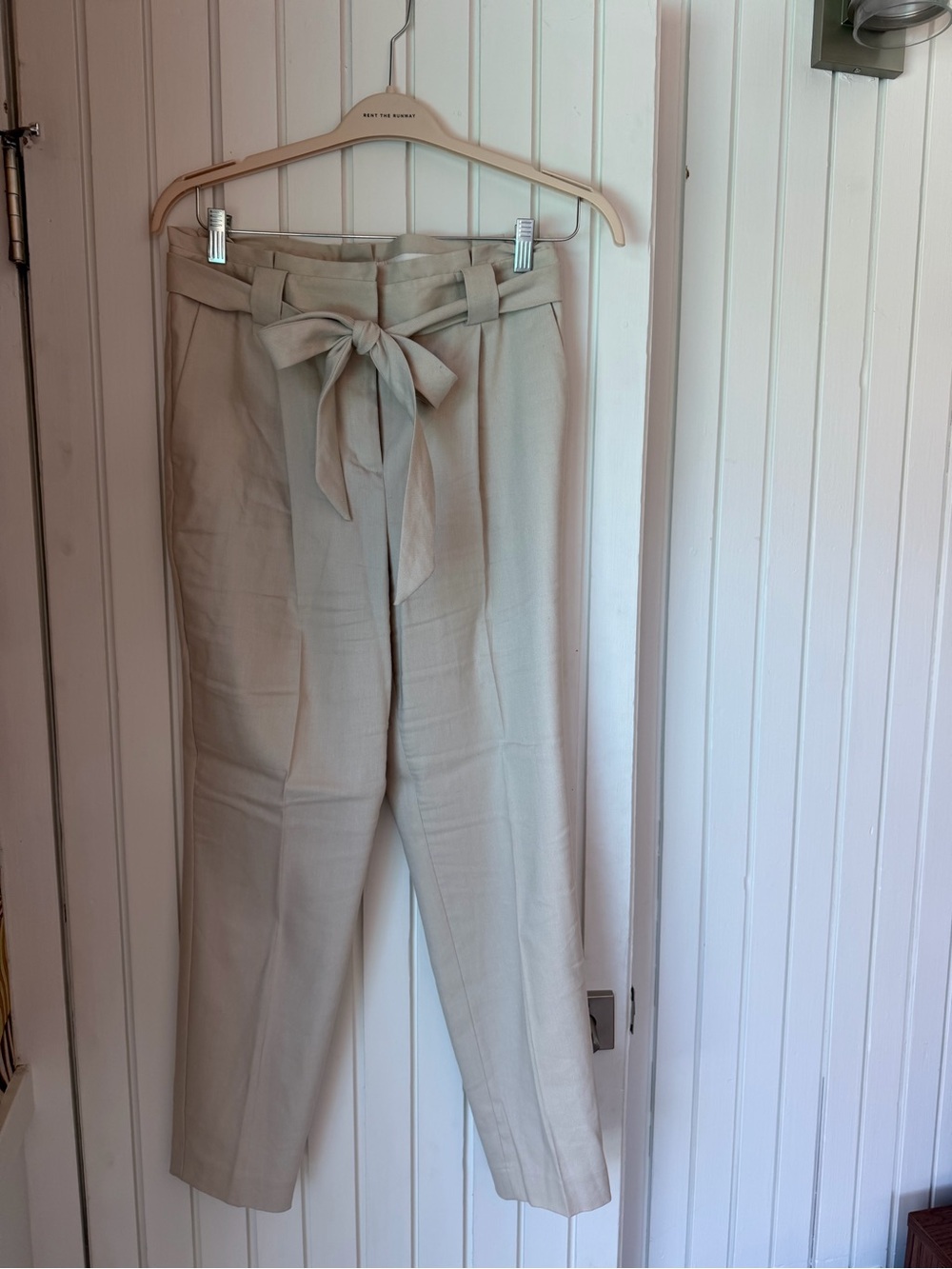 Express High-Waist Tie-Belt Trousers in Light Beige